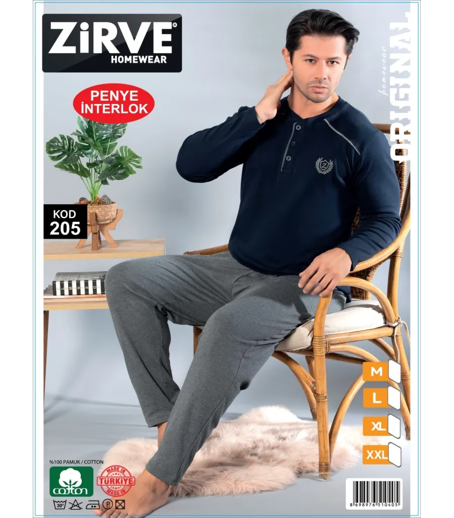 Zirve Lacivert Gri Erkek Penye İnterlok Pijama Takımı
