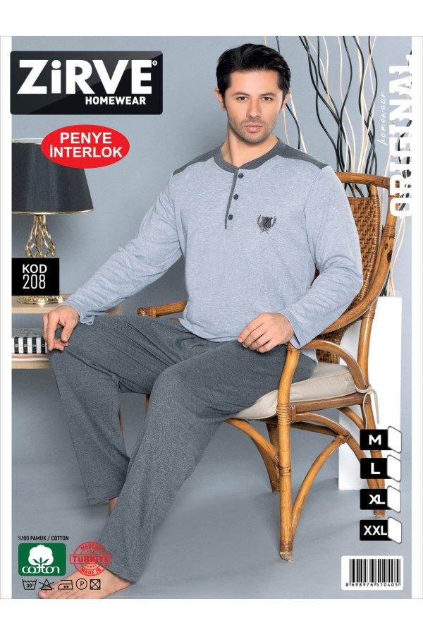 Zirve Açık Mavi Gri Erkek Penye İnterlok Pijama Takımı