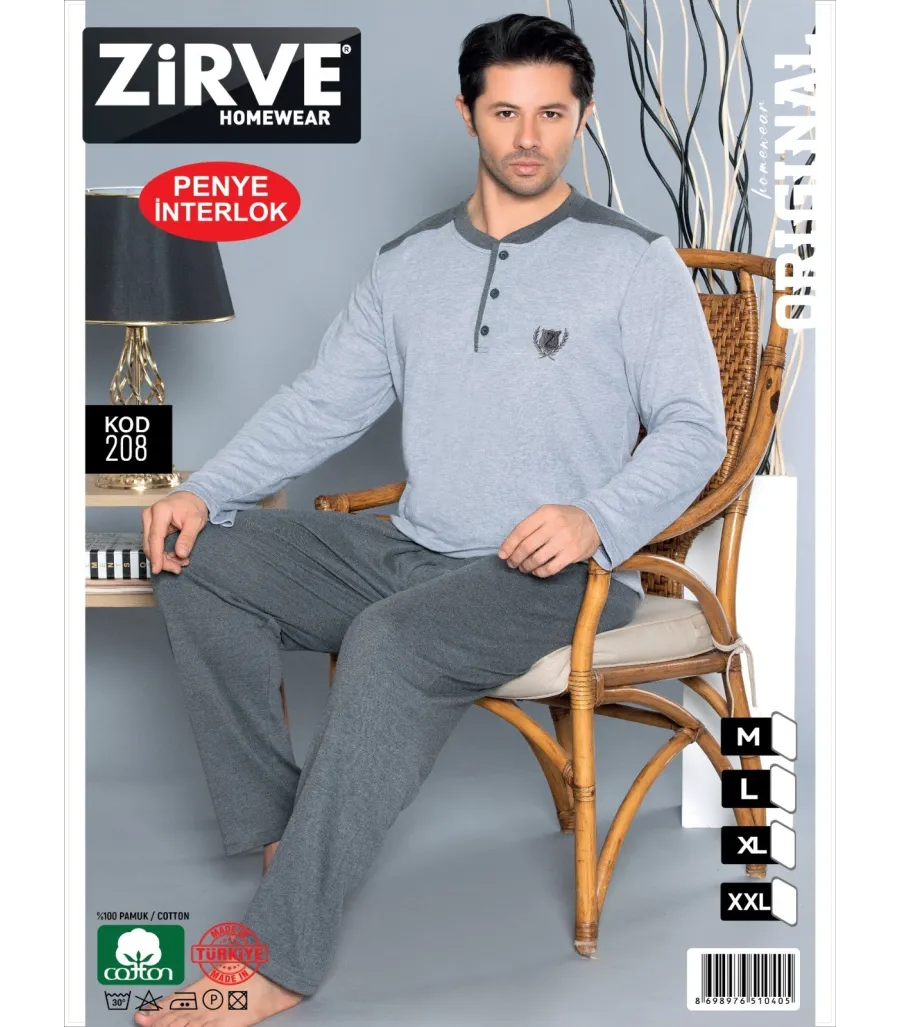 Zirve Açık Mavi Gri Erkek Penye İnterlok Pijama Takımı