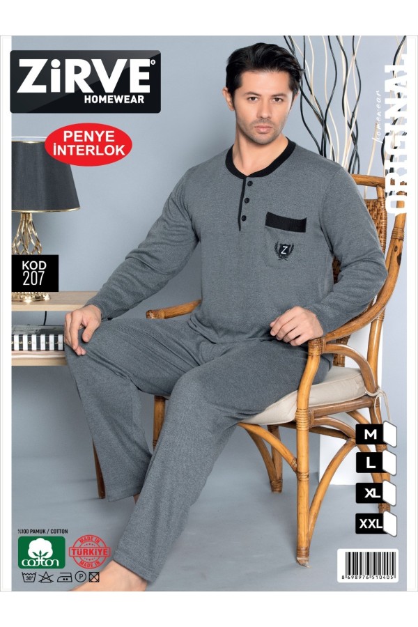 Zirve Gri Cepli Erkek Penye İnterlok Pijama Takımı