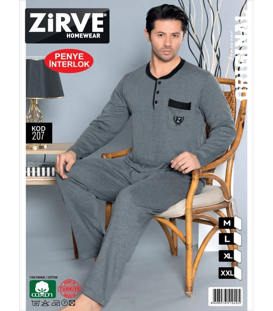 Zirve Gri Cepli Erkek Penye İnterlok Pijama Takımı