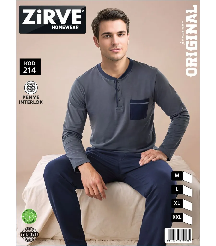 Zirve Gri Mavi Cepli Erkek Penye İnterlok Pijama Takımı