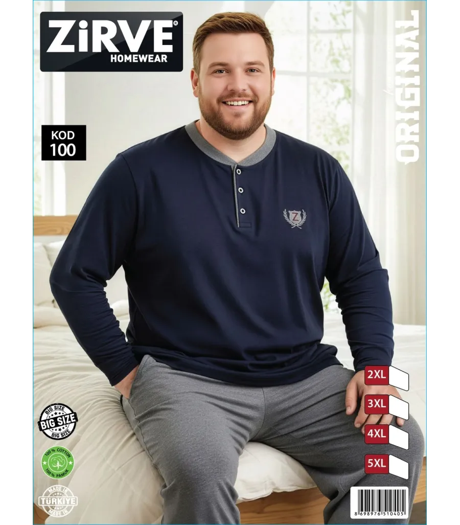 Zirve Lacivert Gri Erkek Battal Beden Uzun Kollu Pijama Takımı