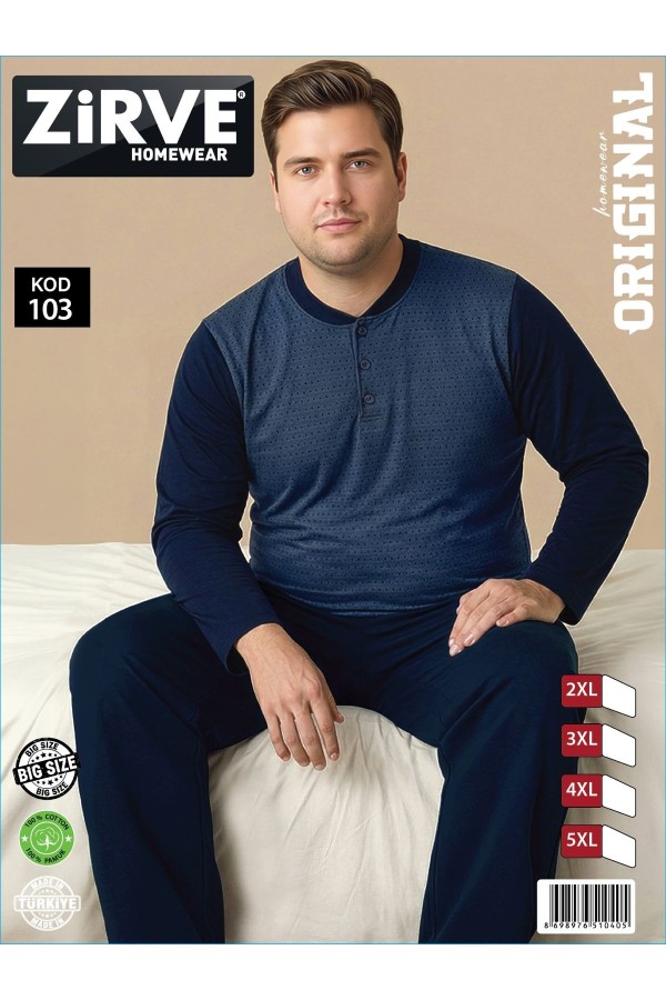 Zirve Lacivert Mavi Erkek Battal Beden Uzun Kollu Pijama Takımı