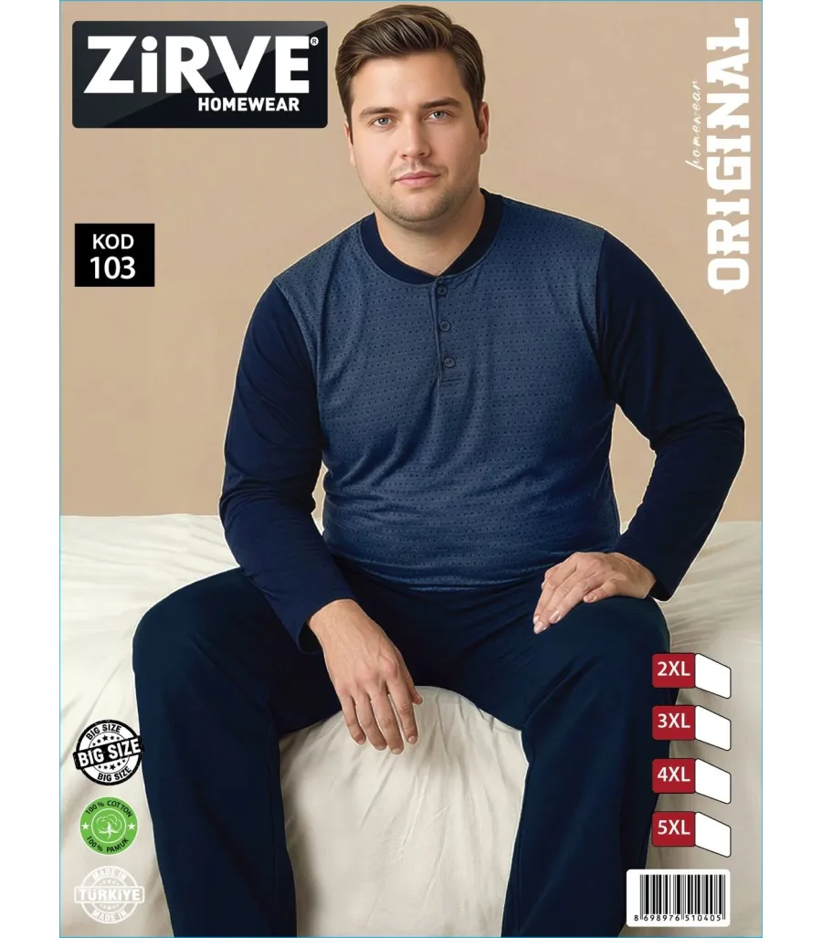 Zirve Lacivert Mavi Erkek Battal Beden Uzun Kollu Pijama Takımı