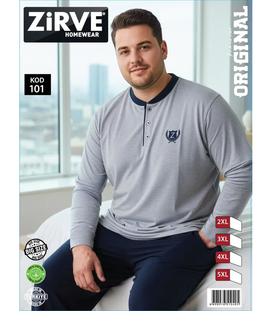 Zirve Açık Gri Lacivert Erkek Battal Beden Uzun Kollu Pijama Takımı