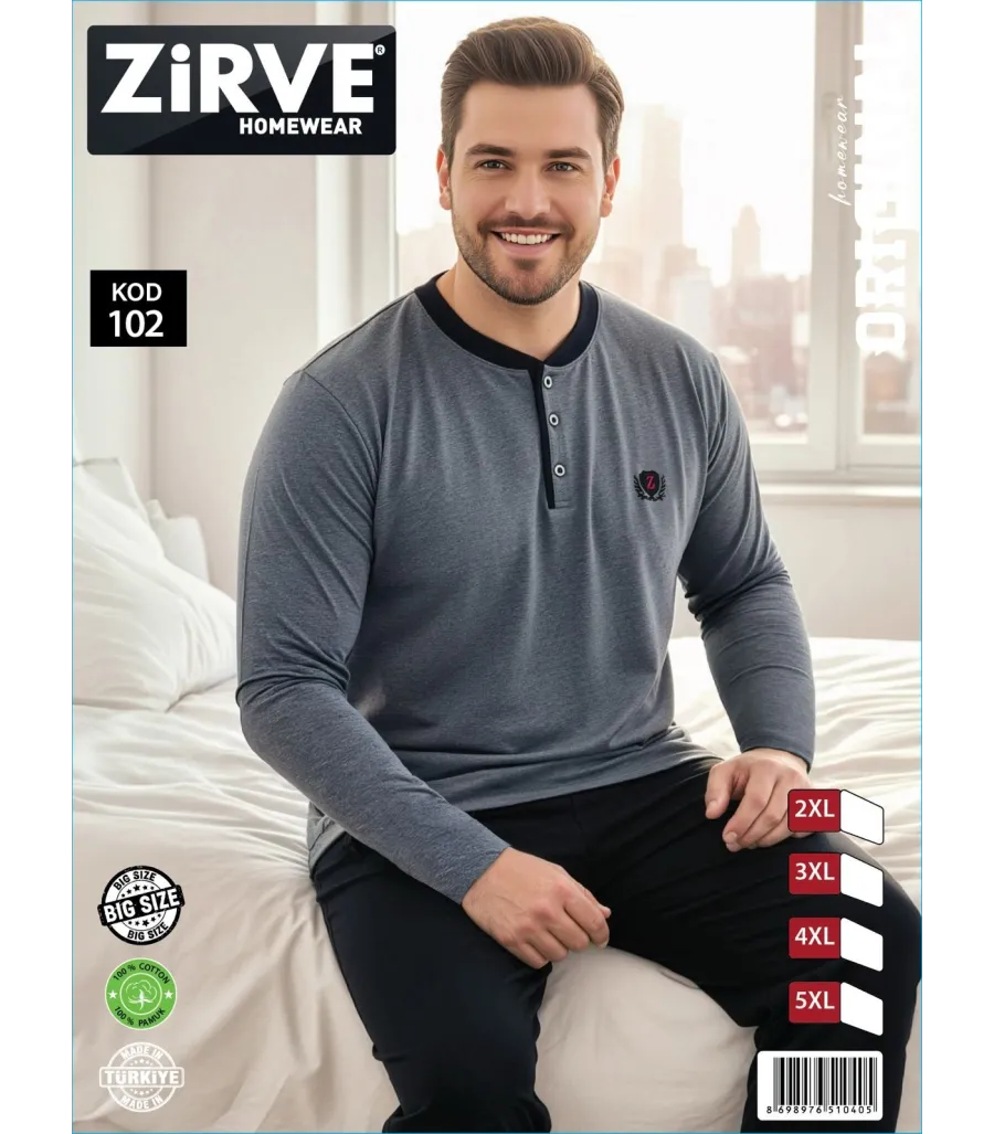 Zirve Gri Siyah Erkek Battal Beden Uzun Kollu Pijama Takımı