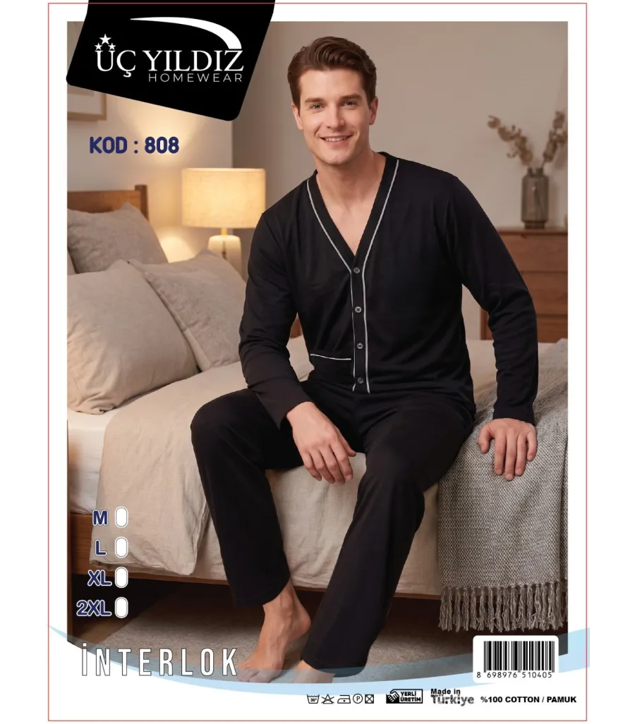 Üç Yıldız Siyah Düğmeli Erkek İnterlok Pijama Takımı