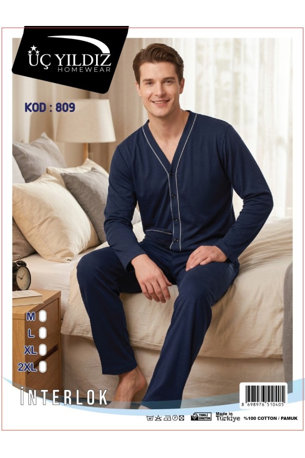 Üç Yıldız Lacivert Düğmeli Erkek İnterlok Pijama Takımı