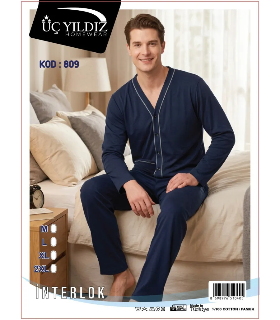 Üç Yıldız Lacivert Düğmeli Erkek İnterlok Pijama Takımı