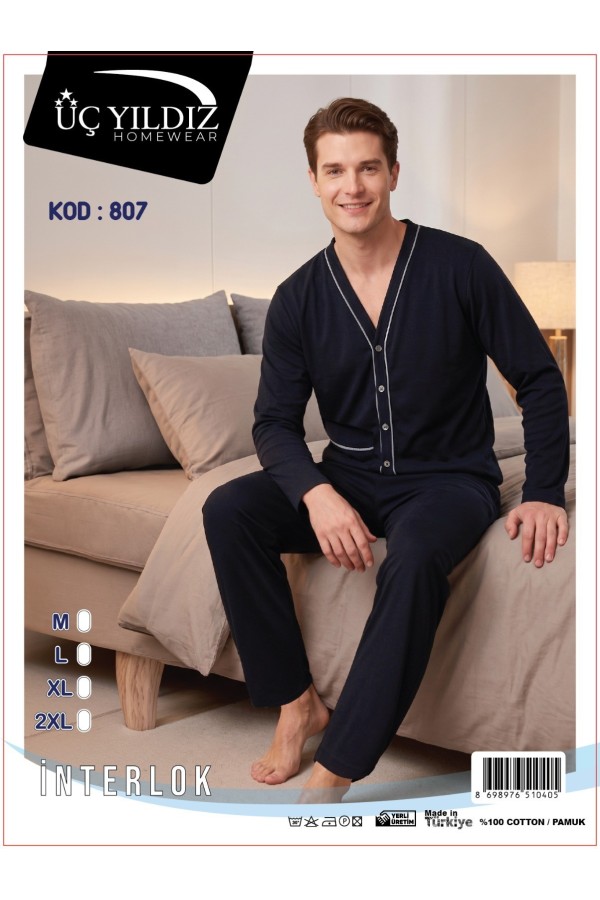 Üç Yıldız Koyu Lacivert Düğmeli Erkek İnterlok Pijama Takımı