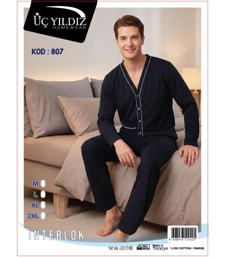 Üç Yıldız Koyu Lacivert Düğmeli Erkek İnterlok Pijama Takımı