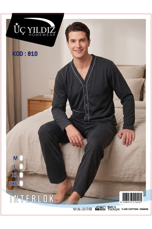 Üç Yıldız Antrasit Düğmeli Erkek İnterlok Pijama Takımı