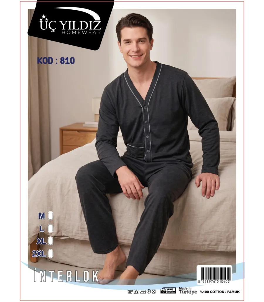 Üç Yıldız Antrasit Düğmeli Erkek İnterlok Pijama Takımı