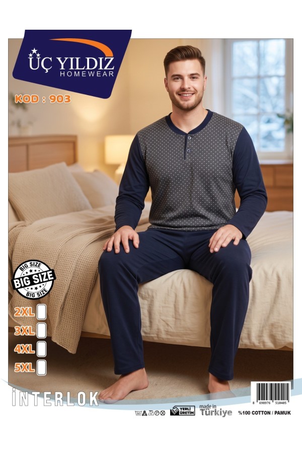 Üç Yıldız Gri Lacivert Erkek İnterlok Pijama Takımı Model 903