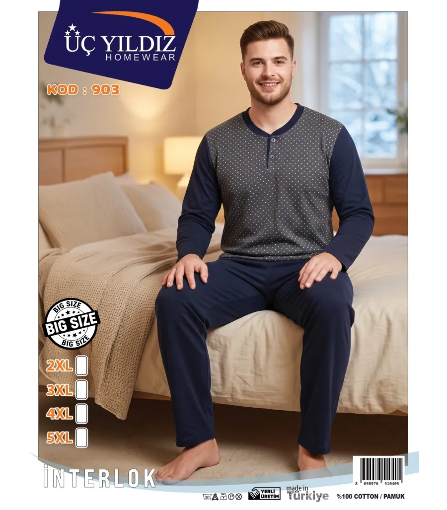 Üç Yıldız Gri Lacivert Erkek İnterlok Pijama Takımı Model 903