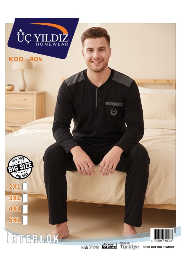 Üç Yıldız Siyah Erkek İnterlok Pijama Takımı Model 904