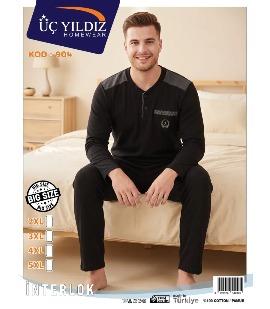 Üç Yıldız Siyah Erkek İnterlok Pijama Takımı Model 904