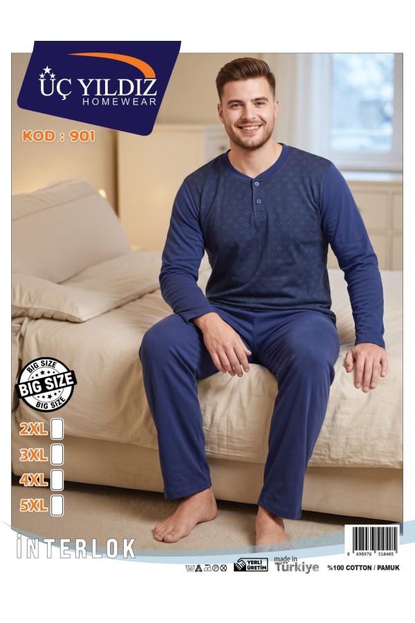 Üç Yıldız Mavi Erkek İnterlok Pijama Takımı