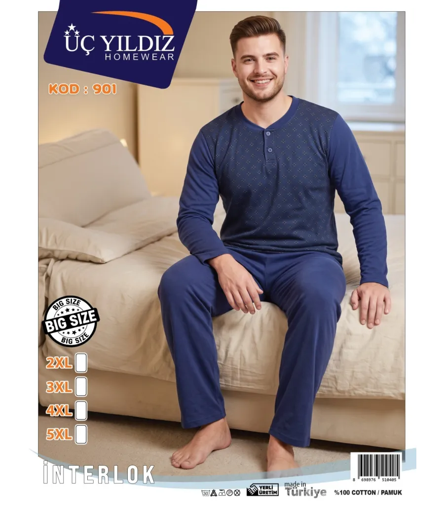 Üç Yıldız Mavi Erkek İnterlok Pijama Takımı