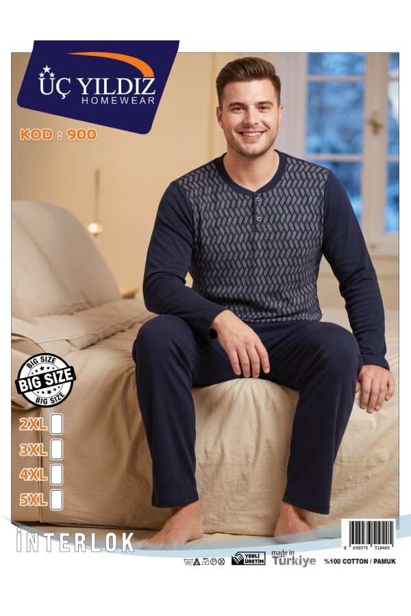 Üç Yıldız Lacivert Desenli Erkek İnterlok Pijama Takımı Model 900