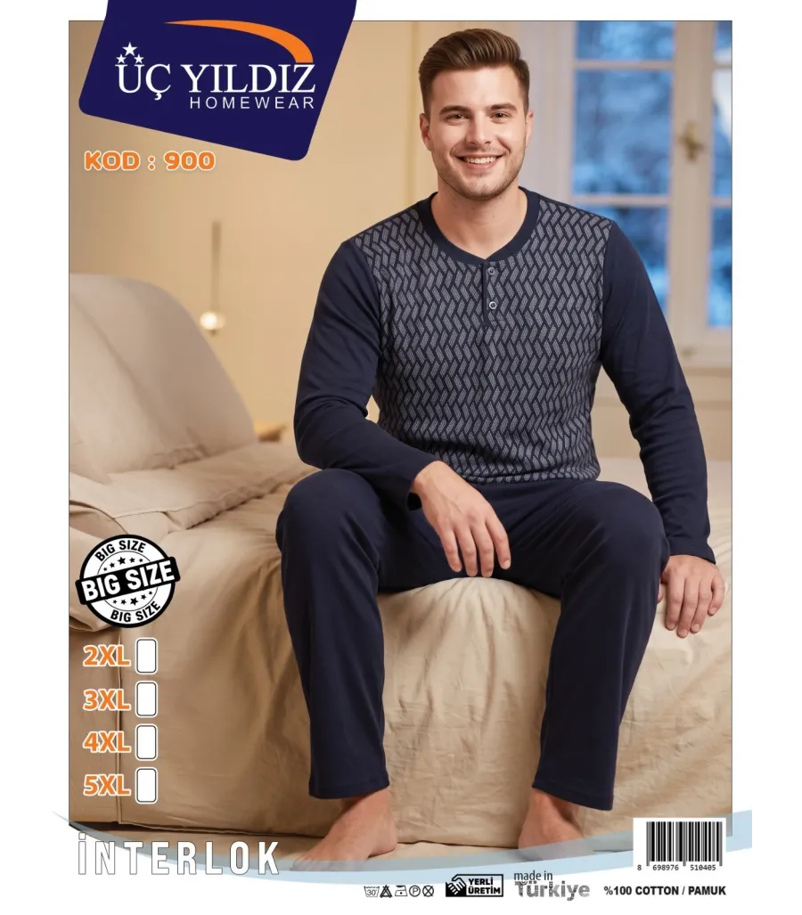 Üç Yıldız Lacivert Desenli Erkek İnterlok Pijama Takımı Model 900