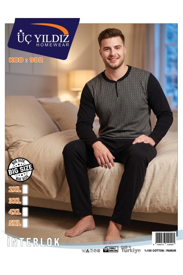 Üç Yıldız Antrasit Siyah Erkek İnterlok Pijama Takımı