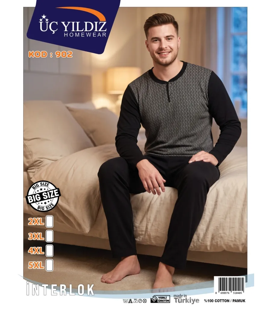 Üç Yıldız Antrasit Siyah Erkek İnterlok Pijama Takımı