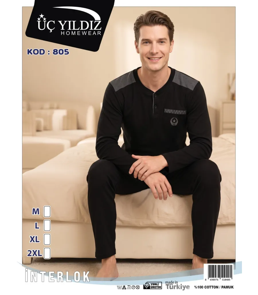 Üç Yıldız Siyah Erkek İnterlok Pijama Takımı Model 805