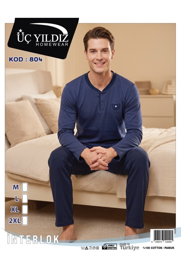 Üç Yıldız Lacivert Erkek İnterlok Pijama Takımı