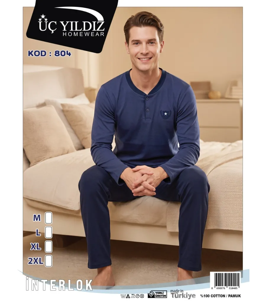Üç Yıldız Lacivert Erkek İnterlok Pijama Takımı
