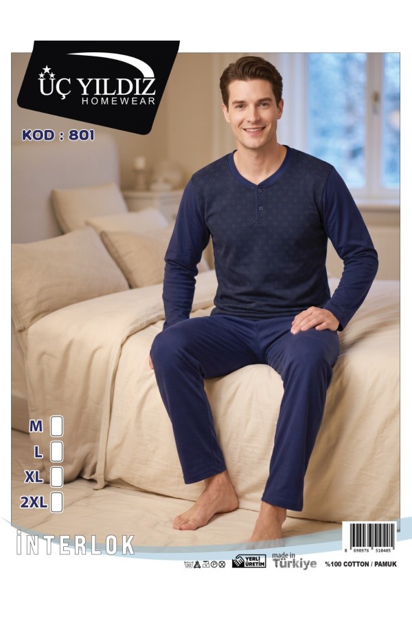 Üç Yıldız Lacivert Desenli Erkek İnterlok Pijama Takımı Model 801