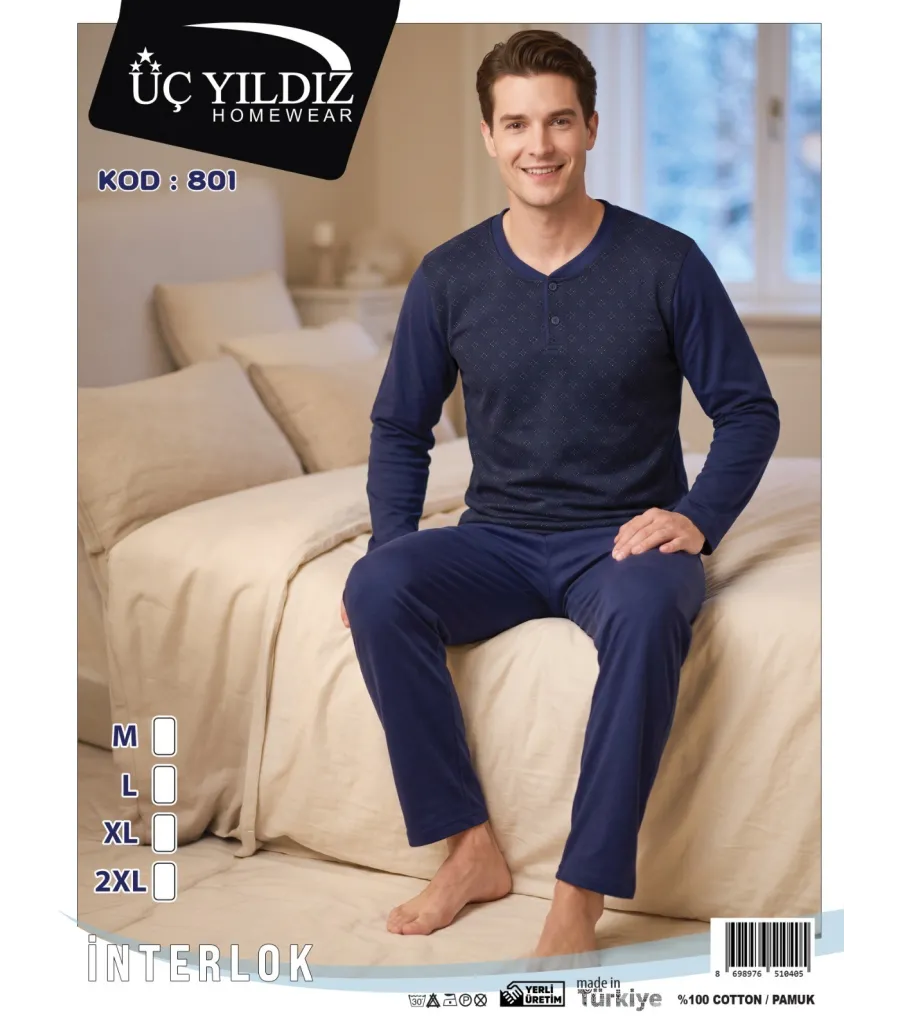 Üç Yıldız Lacivert Desenli Erkek İnterlok Pijama Takımı Model 801