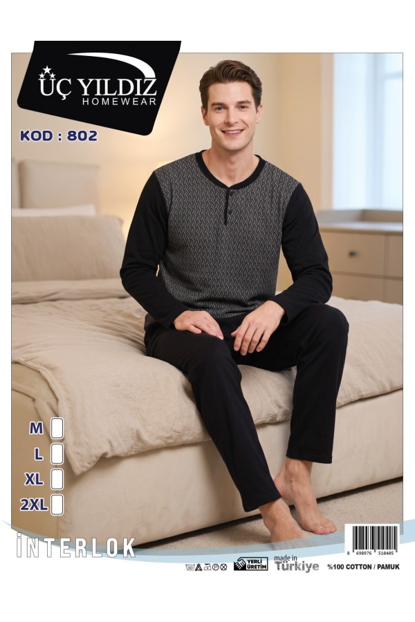Üç Yıldız Siyah Gri Erkek İnterlok Pijama Takımı