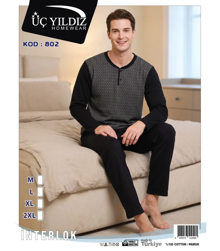 Üç Yıldız Siyah Gri Erkek İnterlok Pijama Takımı