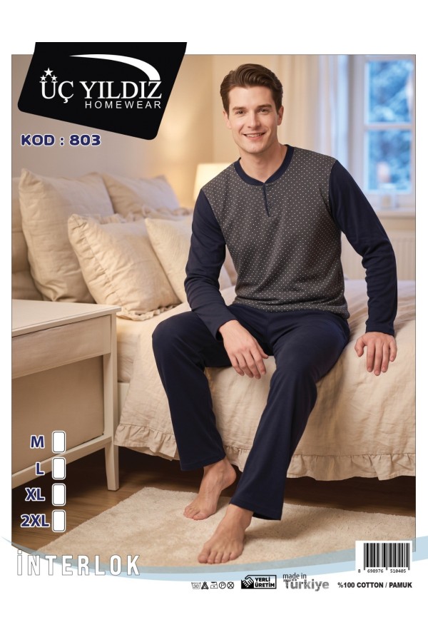 Üç Yıldız Gri Lacivert Erkek İnterlok Pijama Takımı Model 803