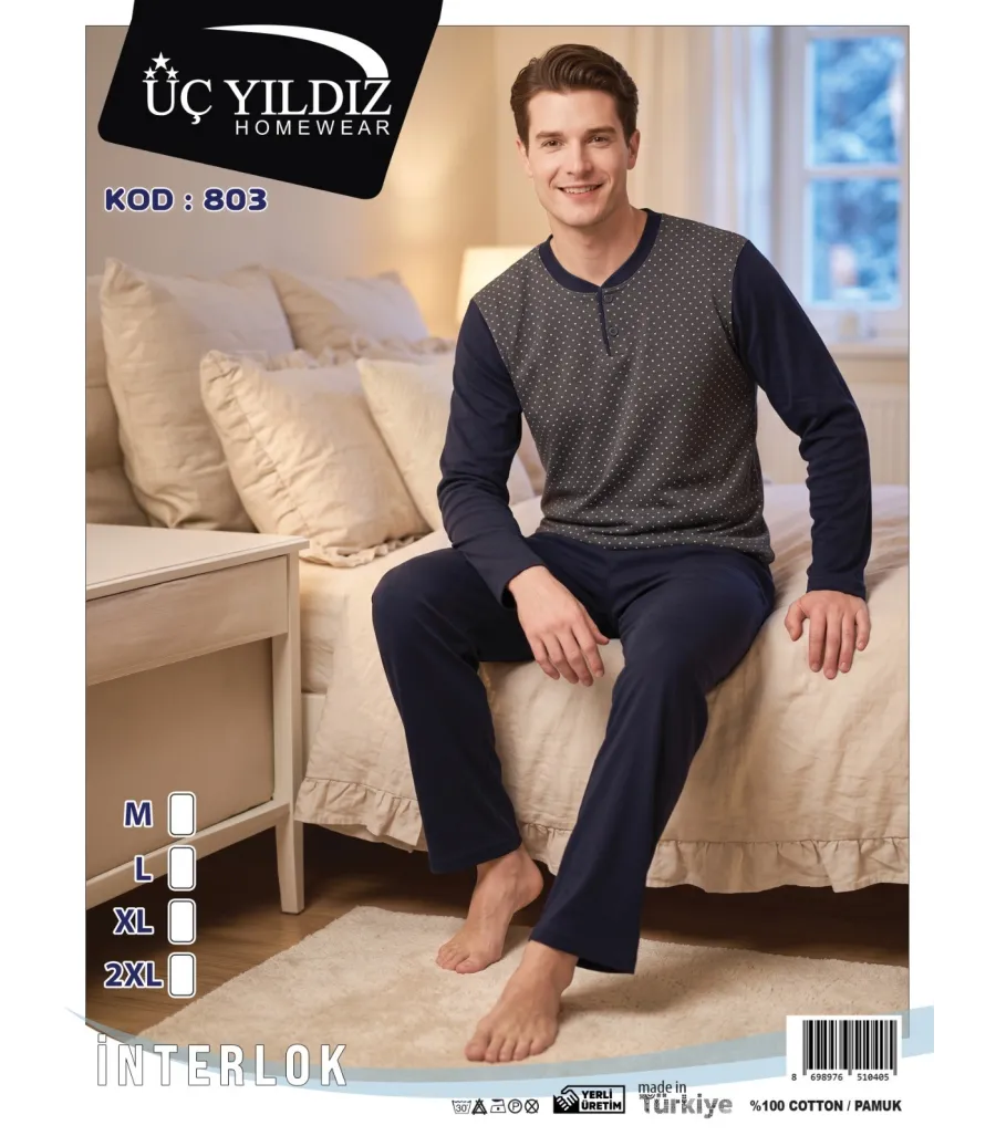 Üç Yıldız Gri Lacivert Erkek İnterlok Pijama Takımı Model 803