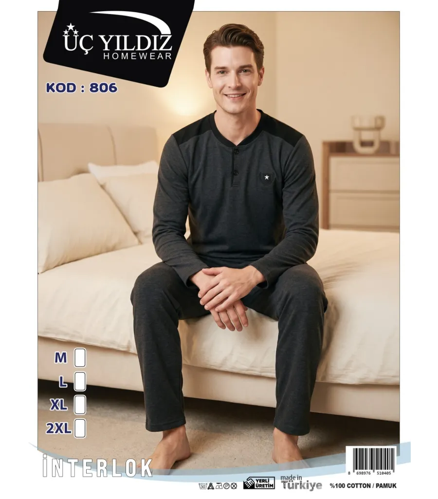 Üç Yıldız Antrasit Erkek İnterlok Pijama Takımı