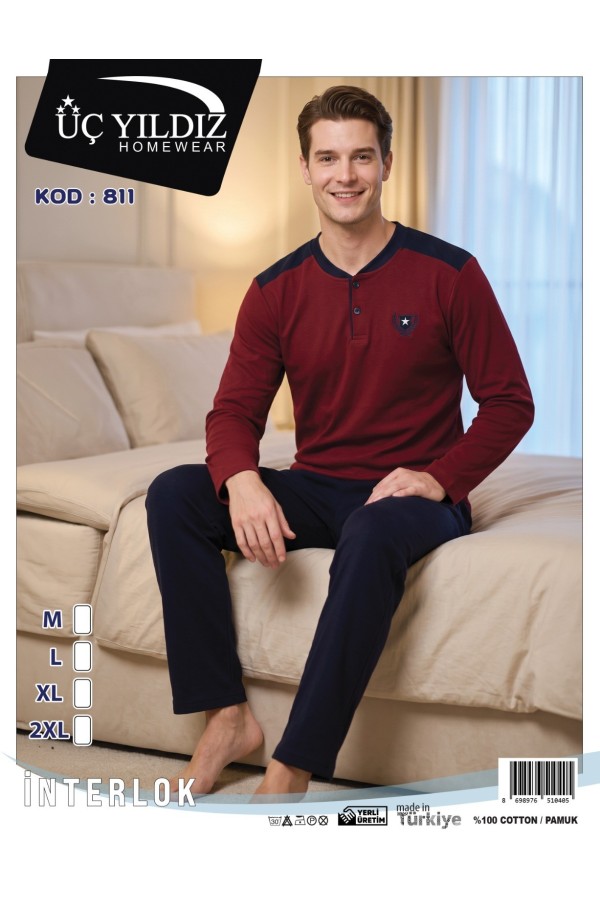 Üç Yıldız Bordo Lacivert Erkek İnterlok Pijama Takımı