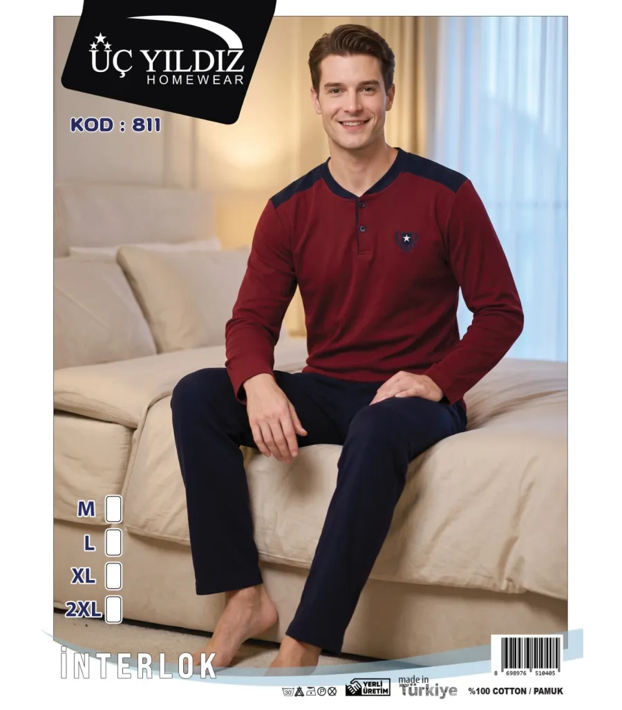 Üç Yıldız Bordo Lacivert Erkek İnterlok Pijama Takımı