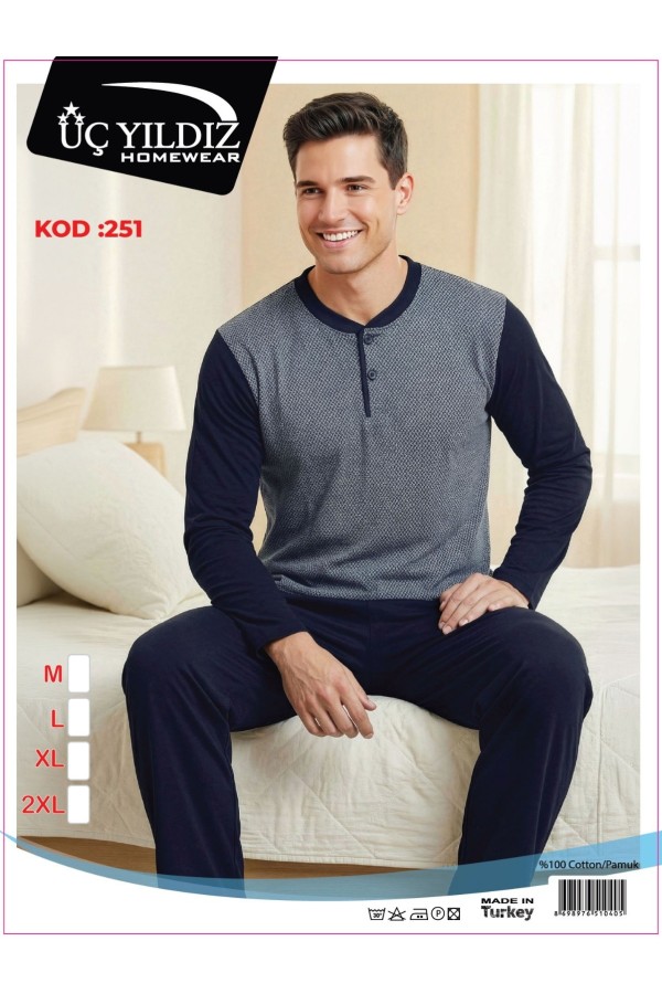 Üç Yıldız Gri Lacivert Erkek Uzun Kollu Pijama Takımı