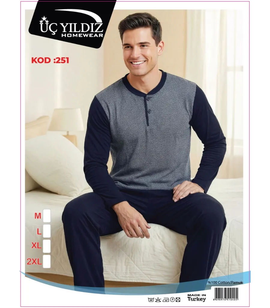 Üç Yıldız Gri Lacivert Erkek Uzun Kollu Pijama Takımı