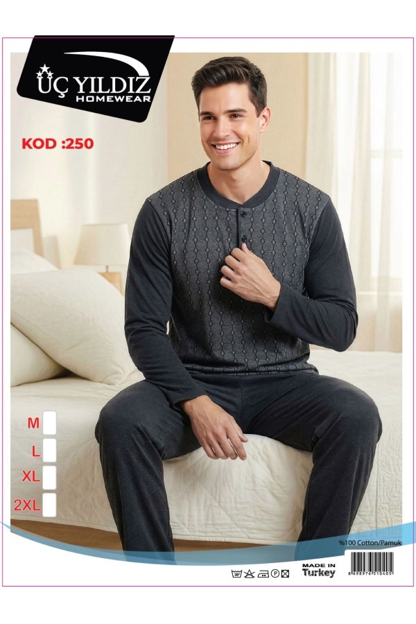 Üç Yıldız Antrasit Desenli Erkek Uzun Kollu Pijama Takımı