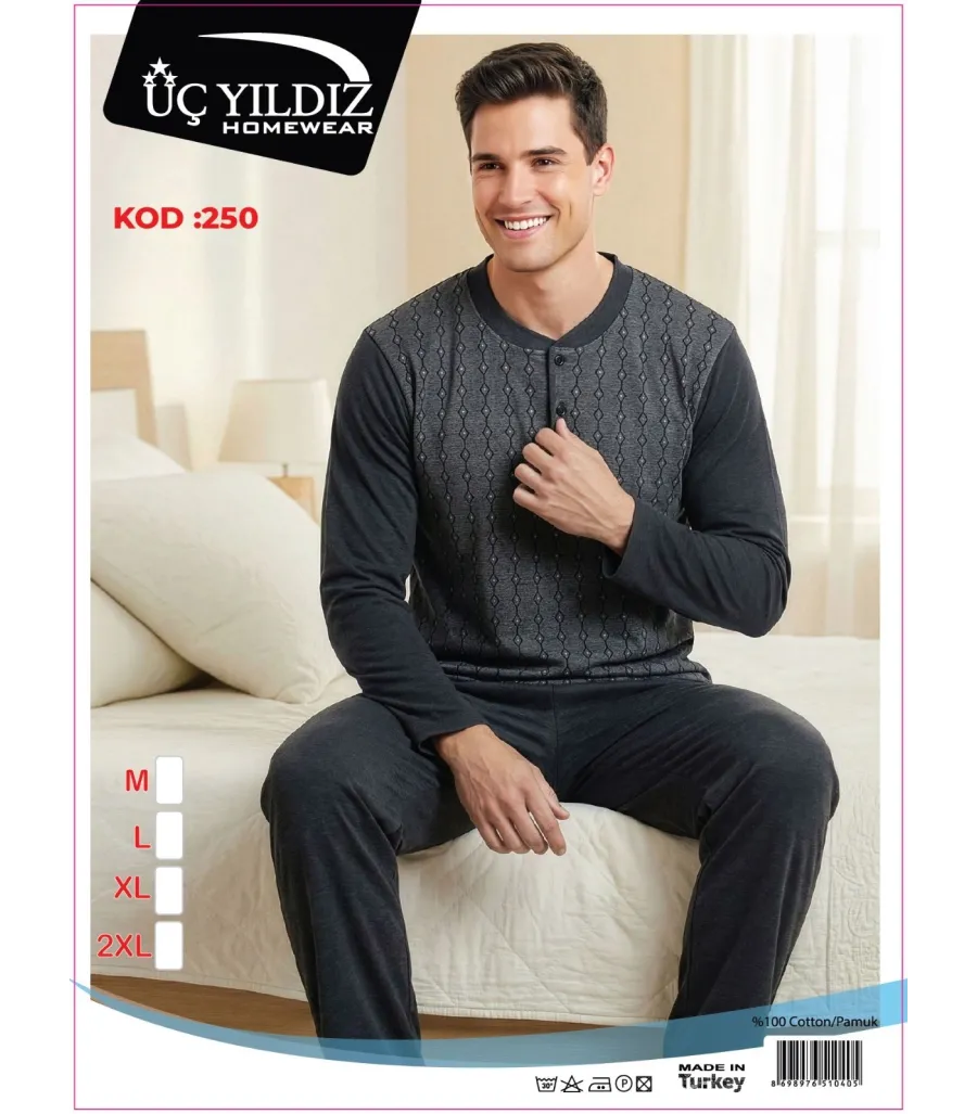 Üç Yıldız Antrasit Desenli Erkek Uzun Kollu Pijama Takımı