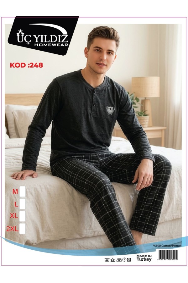Üç Yıldız Antrasit Ekose Erkek Uzun Kollu Pijama Takımı