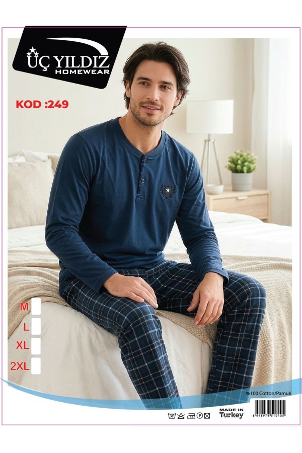 Üç Yıldız Mavi Ekose Erkek Uzun Kollu Pijama Takımı