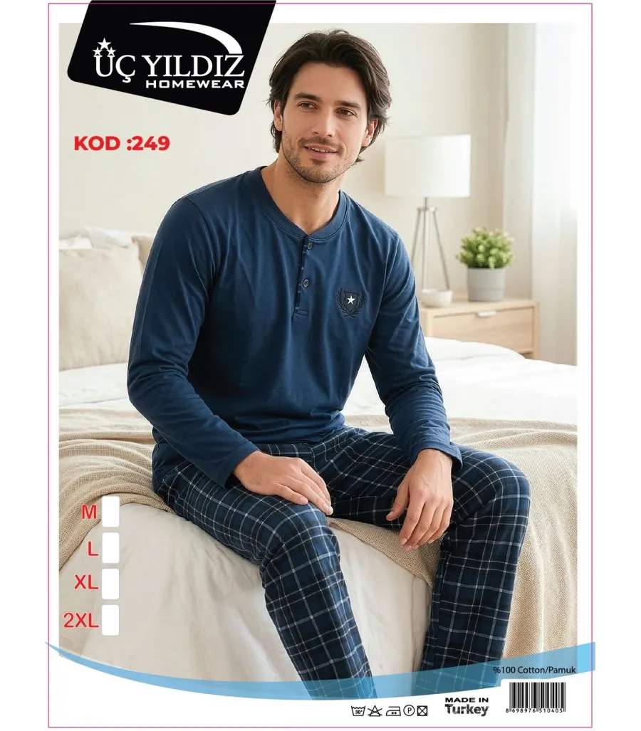 Üç Yıldız Mavi Ekose Erkek Uzun Kollu Pijama Takımı