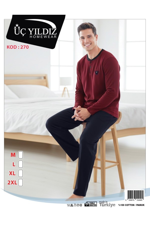 Üç Yıldız Bordo Lacivert Erkek Uzun Kollu Pijama Takımı