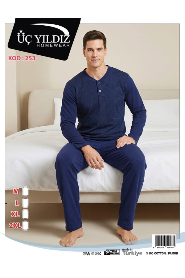 Üç Yıldız Lacivert Erkek Uzun Kollu Pijama Takımı
