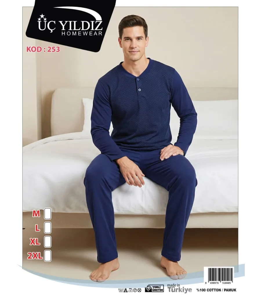 Üç Yıldız Lacivert Erkek Uzun Kollu Pijama Takımı
